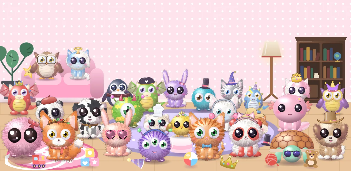 27 plush pets from Fluffy Pets in different colours and hats in a living room with a sofa, rugs, a bookcase and toys