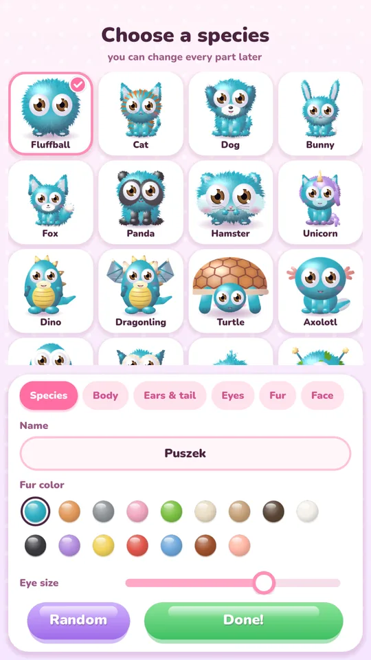 The species screen in the Fluffy Pets creator